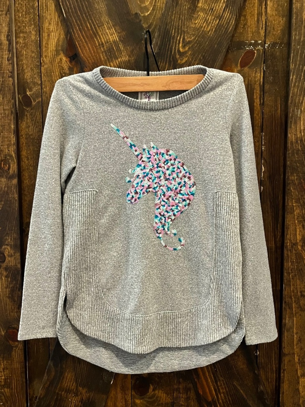 Colortree-Girl's-Gray-Super Luxe Soft Unicorn Sweater-Size M (10/12)